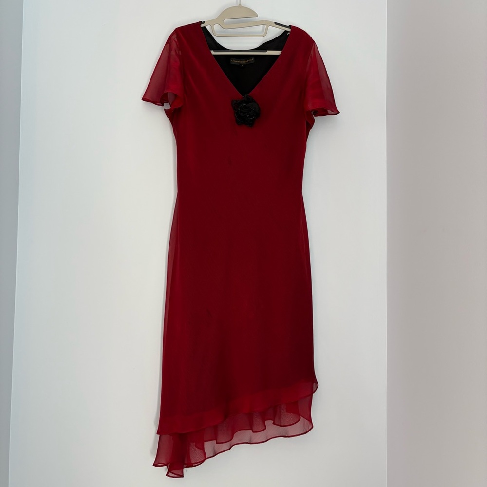 VTG Donna Ricco Dress Size 14 Red Black Rose Brooch Asymmetric Hem Dark Romantic